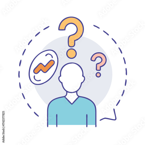 Person surrounded by questions and a chart, symbolizing decision making process