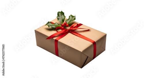 Christmas gift wrapped in brown paper isolated on transparent background with ribbon