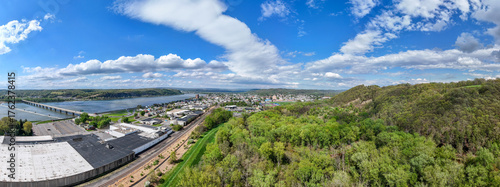 Aerial landscape of Susquehanna River Valley in Sunbury rural Appalachia Central Pennsylvania