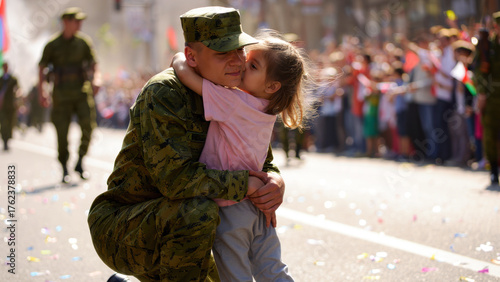 Soldier embracing child in parade, emotional reunion, military family, crowds celebrating, festive atmosphere, patriotism, father and daughter moment, love and support, public event, unity