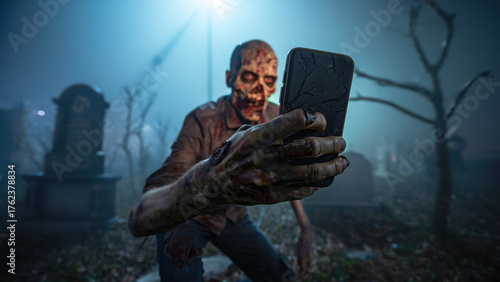 Zombie taking selfie with broken smartphone, spooky graveyard at night, Halloween horror humor, undead social media concept, creepy cemetery scene with eerie lighting
