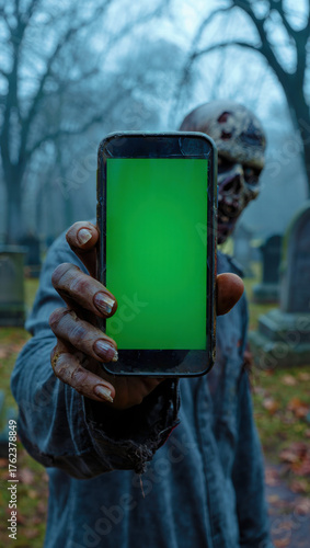 Zombie hand holding smartphone, foggy graveyard, green screen, eerie atmosphere, undead technology, horror genre, spooky ambiance, creepy scenery, Halloween, digital device overlay, chromakey