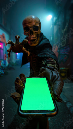 Skeleton character holding smartphone with green screen, Halloween street scene, chroma key display, spooky costume with blank screen, eerie night atmosphere for compositing