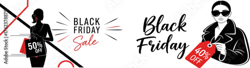Stylish black friday sale illustration featuring fashionable figures and shopping bags with discount information