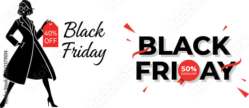 Black friday sale announcement featuring a stylish woman and discount tags with 50 percent off offers