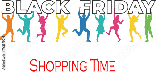 Vibrant black friday shopping celebration with colorful figures and shopping time text