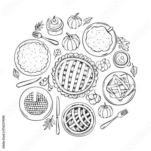 Thanksgiving Pie and Pumpkin Outline Set — Autumn Dessert and Harvest Vector
