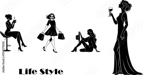 Elegant silhouettes of women in fashionable poses showcasing style and sophistication
