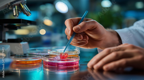 Hands conducting microbiological testing of food face not shown petri dish cultures safety screening laboratory protocol food industry quality assurance defocused with copy