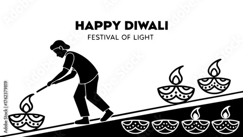 Negative Space Concept

Black and white Diwali graphic using negative space. "HAPPY DIWALI" in bold sans-serif letters at the top, “Festival of Light” in a fine cursive font beneath. Seven white diyas