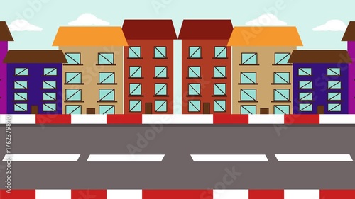 2D city street animation with colorful buildings, moving clouds, and a road vibe. Perfect motion background for explainer videos, games, or intros.