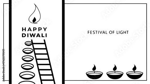 Vertical Layout

Modern vertical Diwali design. “HAPPY DIWALI” stacked in bold sans-serif type along the left side, “Festival of Light” written vertically in cursive. On the right side, seven minimali