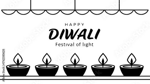 Classic Minimalist Diwali Poster

A minimalist black and white poster celebrating Diwali. Centered bold sans-serif text reads "HAPPY DIWALI" with "Festival of Light" in a delicate handwritten font bel