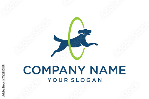 Dog Jumping Through Green Hoop Logo Design Template