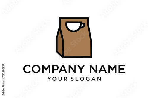 Modern coffee take-out bag logo design with brown paper bag and integrated coffee cup icon, perfect for cafe, restaurant, or delivery service branding.