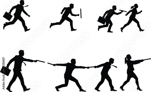 Business relay silhouettes, baton handoff illustration, teamwork concept, corporate collaboration design, responsibility transfer, running figures, success metaphor, leadership, unity, achievement