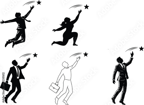 Business people reaching stars, ambition silhouettes, career growth concept, inspirational design, success symbol, visionary posture, leadership aspiration, motivation illustration, future goals