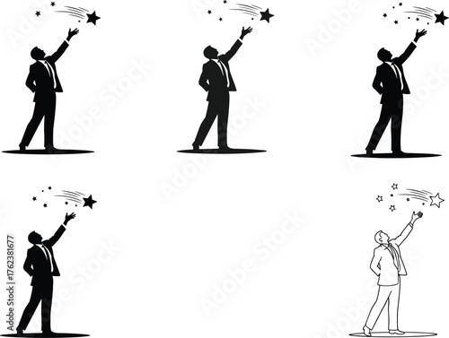 Businessman pointing stars, aspiration silhouette, ambition concept, inspirational design, career growth symbol, success illustration, leadership posture, reaching goals, visionary figure, motivation