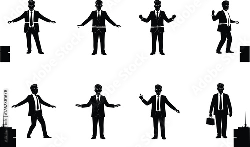 Businessman silhouette poses, corporate presentation concept, leadership illustration, urban podium design, communication symbol, professional gesture, success posture, vision, ambition, strategy