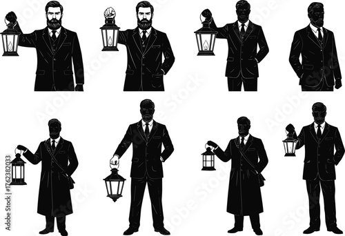 Businessman with lantern, guidance silhouette, illumination concept, leadership symbol, inspiration design, vision figure, discovery posture, success metaphor, direction, opportunity