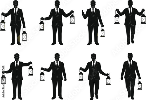 Businessman with lantern, guidance silhouette, illumination concept, leadership symbol, discovery design, vision figure, success metaphor, opportunity, ambition, direction