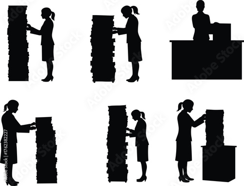 Businessperson with paper stack, office work silhouettes, document management concept, workload illustration, productivity design, career growth, ambition, success, planning, achievement