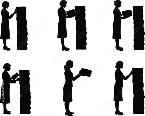 Businessperson with stack, organization silhouettes, workflow concept, file management illustration, productivity design, career growth, success symbol, planning, ambition, achievement