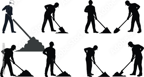 WebConstruction workers shoveling, black silhouettes in motion, manual labor effort, hard hats visible, dirt excavation, industrial posture study, work scene illustration