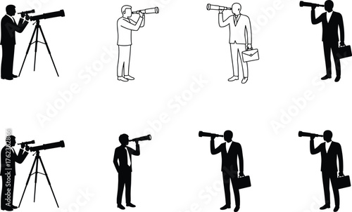People with telescope, observation silhouettes, vision concept, foresight illustration, discovery design, business strategy symbol, exploration posture, leadership, planning, opportunity