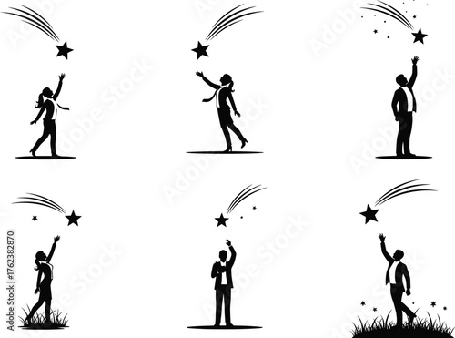 Reaching for stars, aspiration silhouettes, ambition concept, inspirational design, dream pursuit, success symbol, visionary posture, hope illustration, motivation, future goals