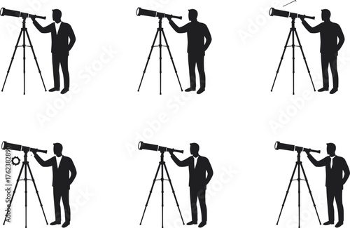 Person with telescope, observation silhouettes, vision concept, foresight illustration, discovery design, business strategy symbol, exploration posture, leadership, planning, opportunity