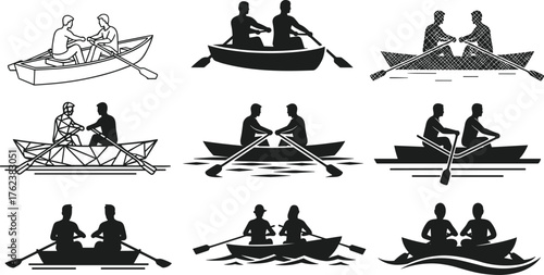 Rowing boat silhouettes, synchronized athletes, aquatic sport teamwork, competitive rowing , 