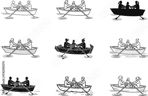 Rowing team silhouettes, synchronized boat movement, aquatic sport training, teamwork  