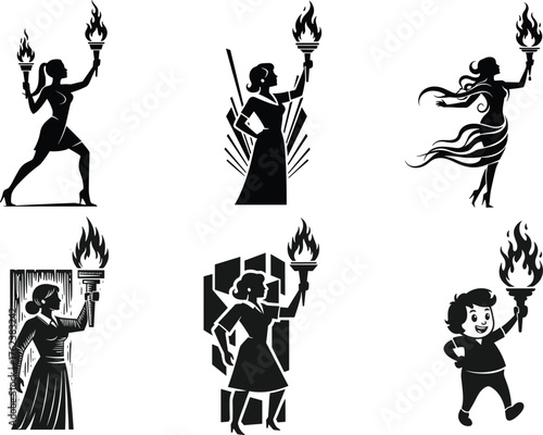 Torch bearer silhouettes, symbolic figures, cultural icon illustration, enlightenment posture, liberty symbol, inspirational design, freedom torch, education concept, hope representation, guidance