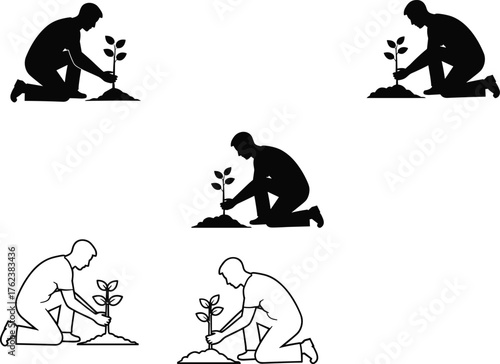 Tree planting silhouettes, environmental conservation, sustainability concept, gardening posture, eco friendly illustration, reforestation symbol, people planting saplings, green future, nature care