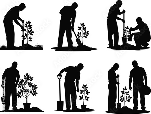 Tree planting silhouettes, environmental conservation, sustainability teamwork, gardening posture, eco 
