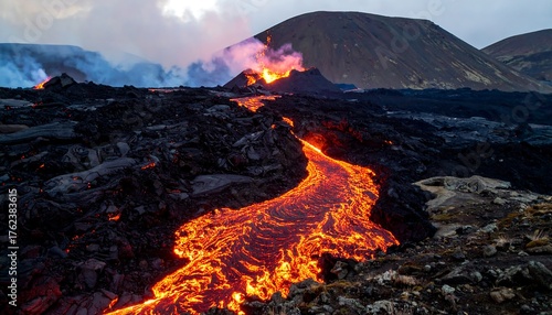 An active volcanic eruption showcasing a river of fiery lava flowing across a hardened, dark, and textured landscape with hills