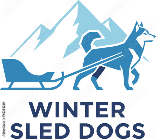 Sled dog pulling a sled in a winter landscape with mountains in the background