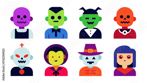 Collection of eight stylized flat design halloween monster characters including a purple skeleton frankenstein vampire witch and more