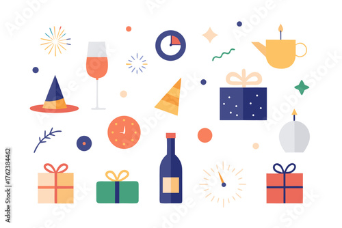Collection of new year celebration icons including gifts champagne party hats clocks and fireworks on a white background