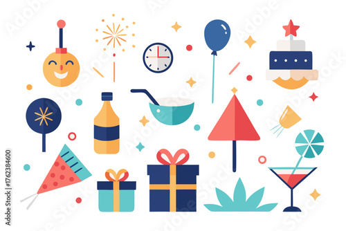 Collection of colorful flat design icons representing celebration party elements like cake gifts balloons clock and drinks