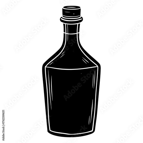 Stylized black silhouette of a glass bottle with a cork stopper filled with dark liquid on a white background