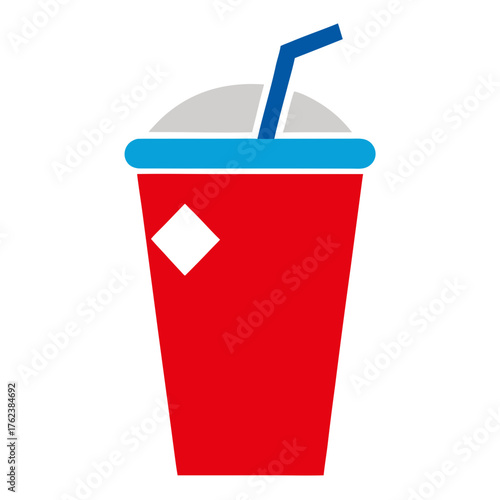 Stylized red disposable cup with blue lid and straw filled with a light gray beverage and a white diamond logo