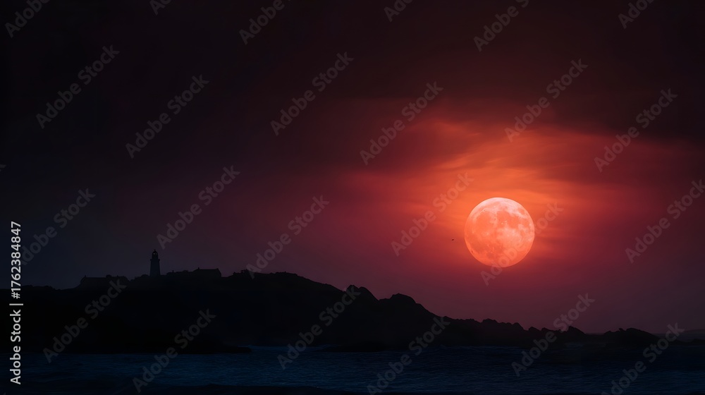 Obraz premium A dramatic red moon or sun illuminates the sky behind a silhouetted lighthouse on a rocky coastline at dusk