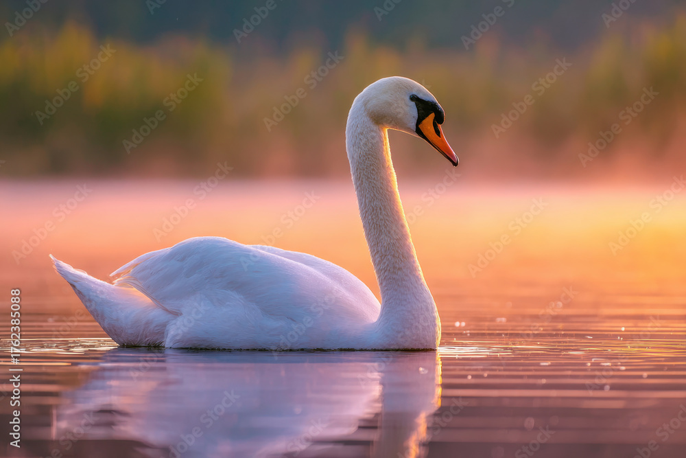 Fototapeta premium Graceful swan at sunrise on calm water