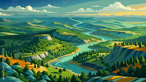 . Very beautiful panoramic aerial of the Ozark National Forest, Arkansas, showing endless green forests, winding rivers, and rugged hills under warm sunlight creating a majestic wilderness vista.
