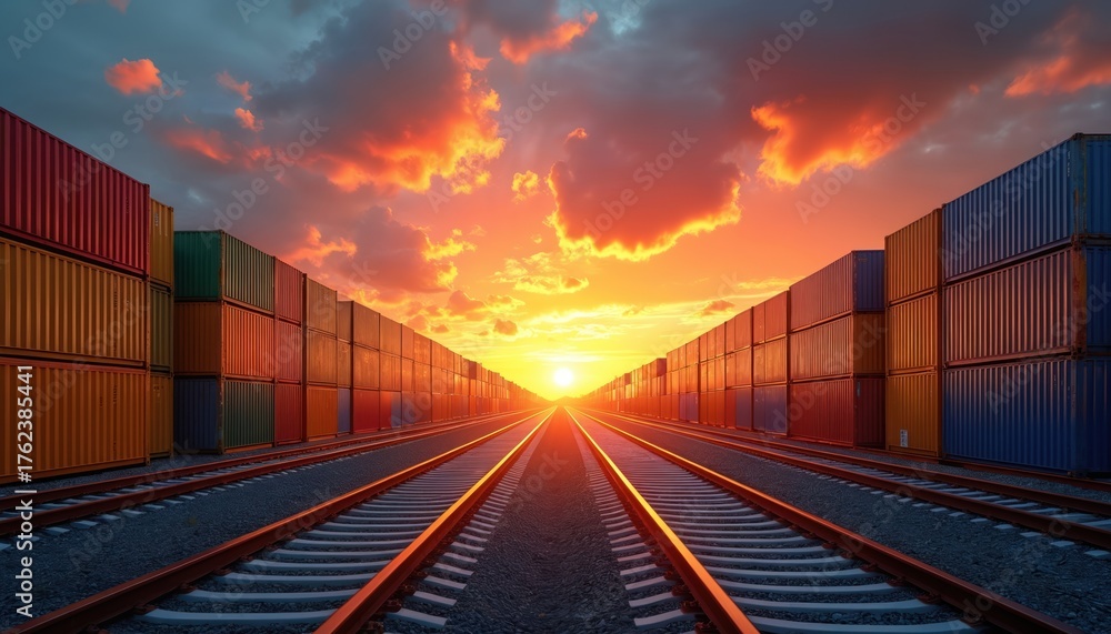 Fototapeta premium Railway tracks lead to colorful cargo freight containers at sunset. Containers are stacked on both sides of tracks. Railroad stretches into distance under vibrant orange and yellow sky with clouds.