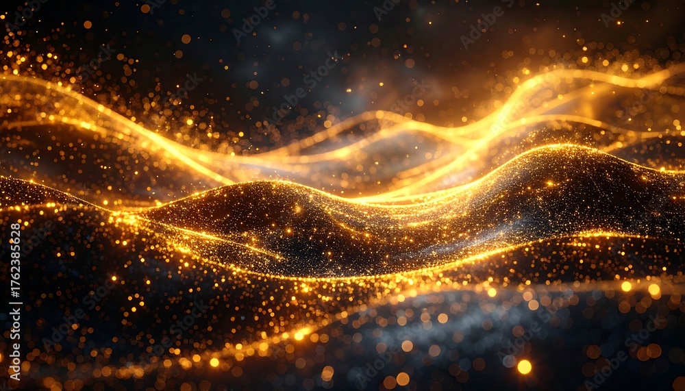 Naklejka premium Abstract digital art piece featuring flowing, golden, particle-like waves over a dark, nebulous background. The waves shimmer and glitter