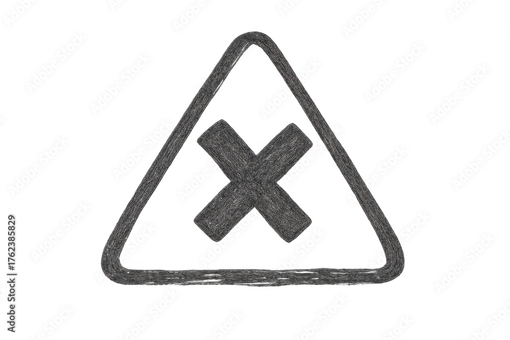 Obraz premium Danger railroad crossing warning sign, triangular shape, safety caution symbol, graphite drawing sketch style, isolated