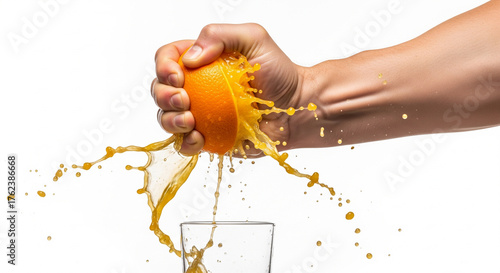 Strong male hand squeezing fresh orange juice into a clear glass on a bright background